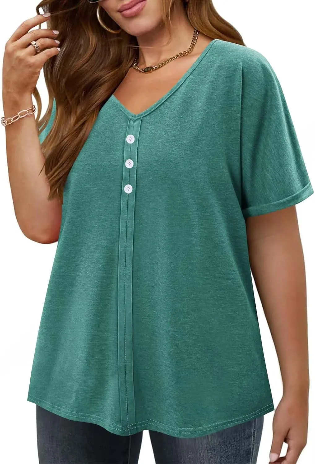 Plus Size Tops for Women Summer V Neck Short Sleeve Tee Shirts Henley Button Casual Loose Fit Blouse L-5XL