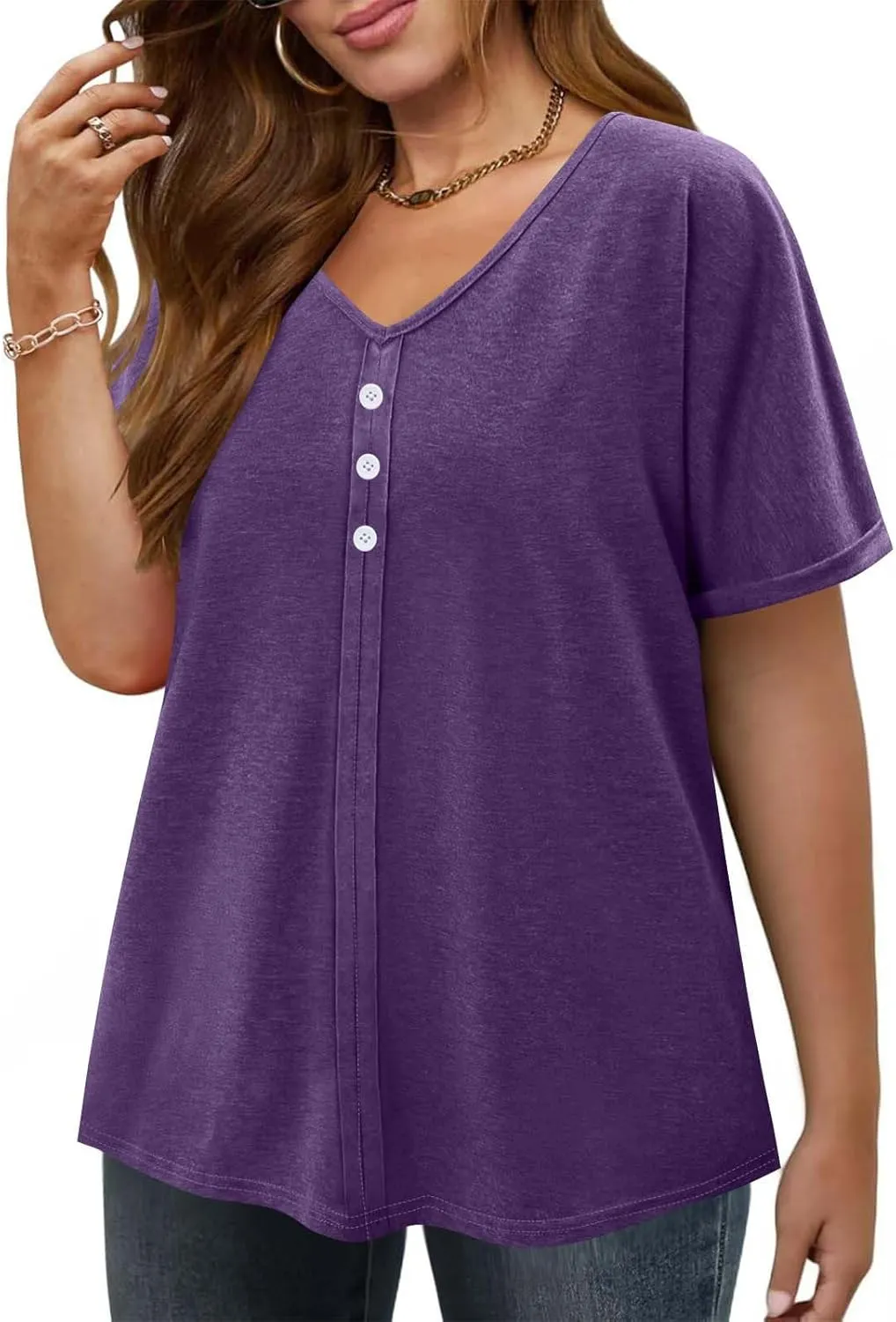 Plus Size Tops for Women Summer V Neck Short Sleeve Tee Shirts Henley Button Casual Loose Fit Blouse L-5XL