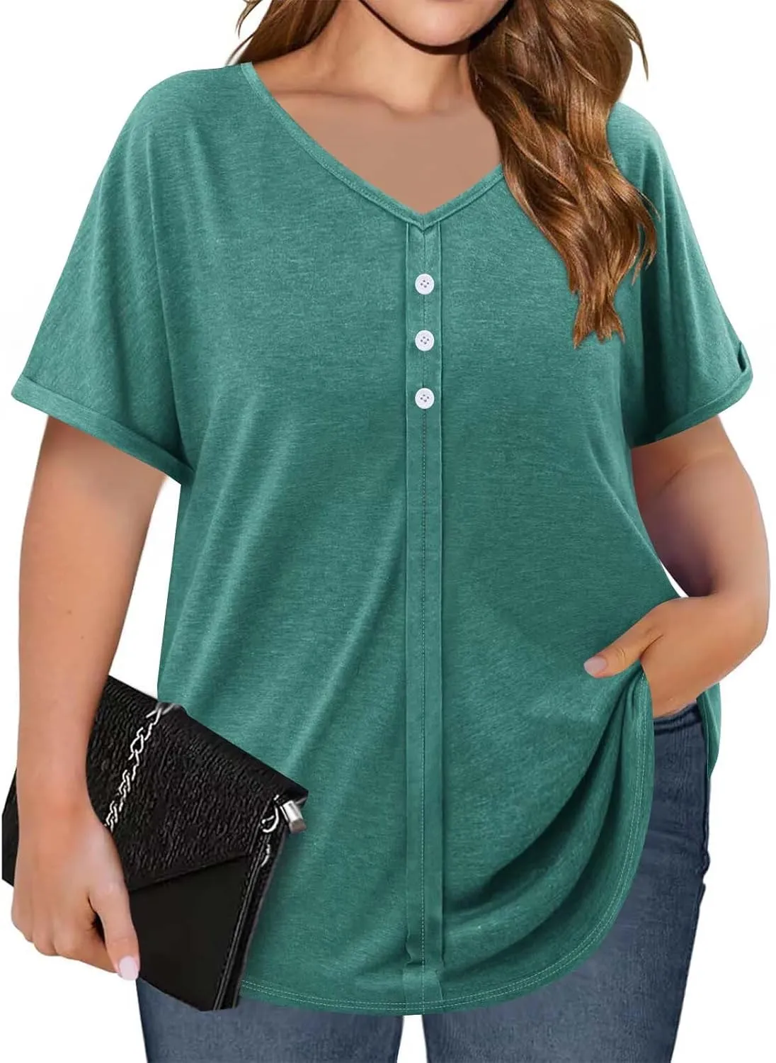 Plus Size Tops for Women Summer V Neck Short Sleeve Tee Shirts Henley Button Casual Loose Fit Blouse L-5XL