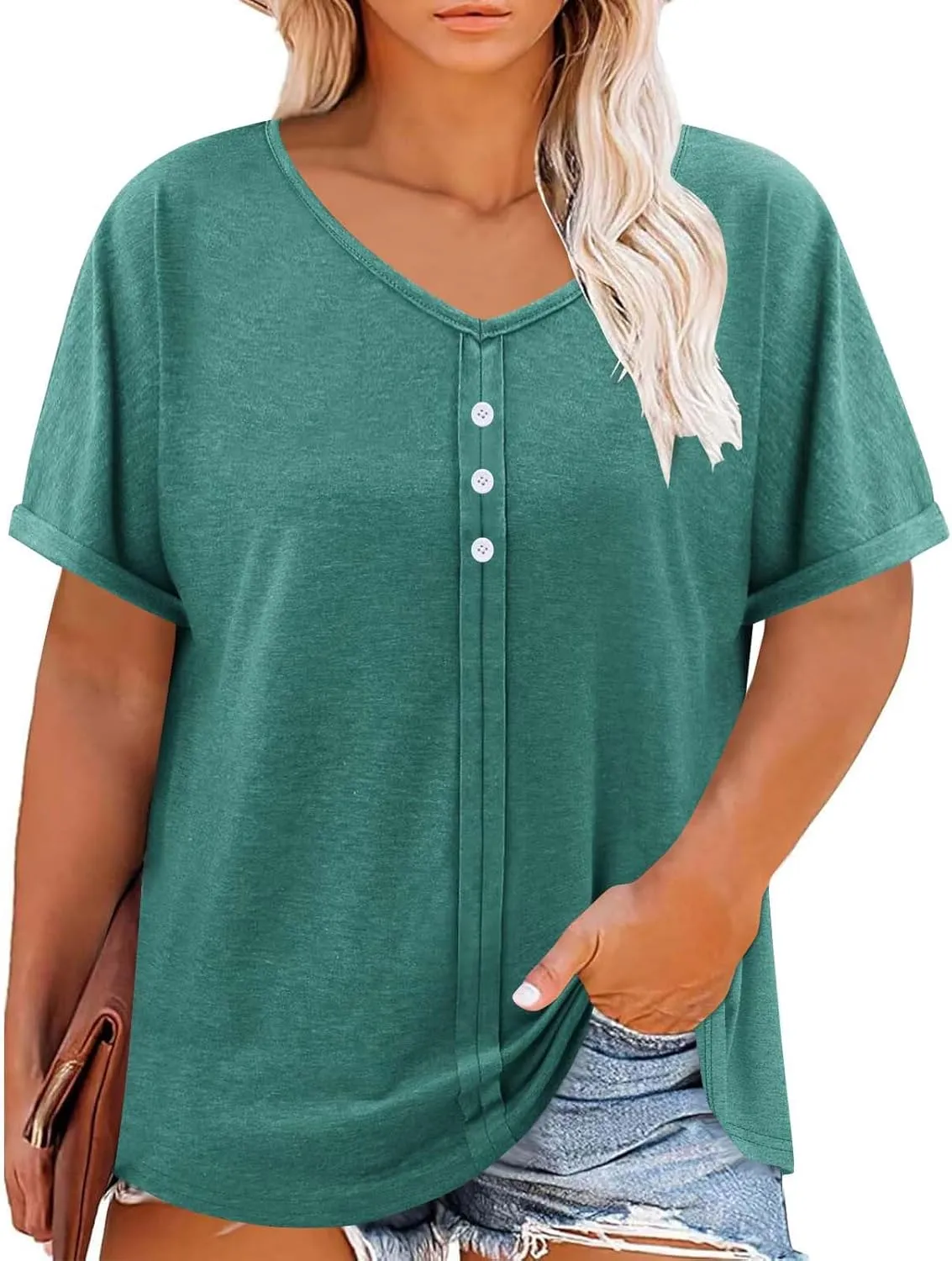 Plus Size Tops for Women Summer V Neck Short Sleeve Tee Shirts Henley Button Casual Loose Fit Blouse L-5XL