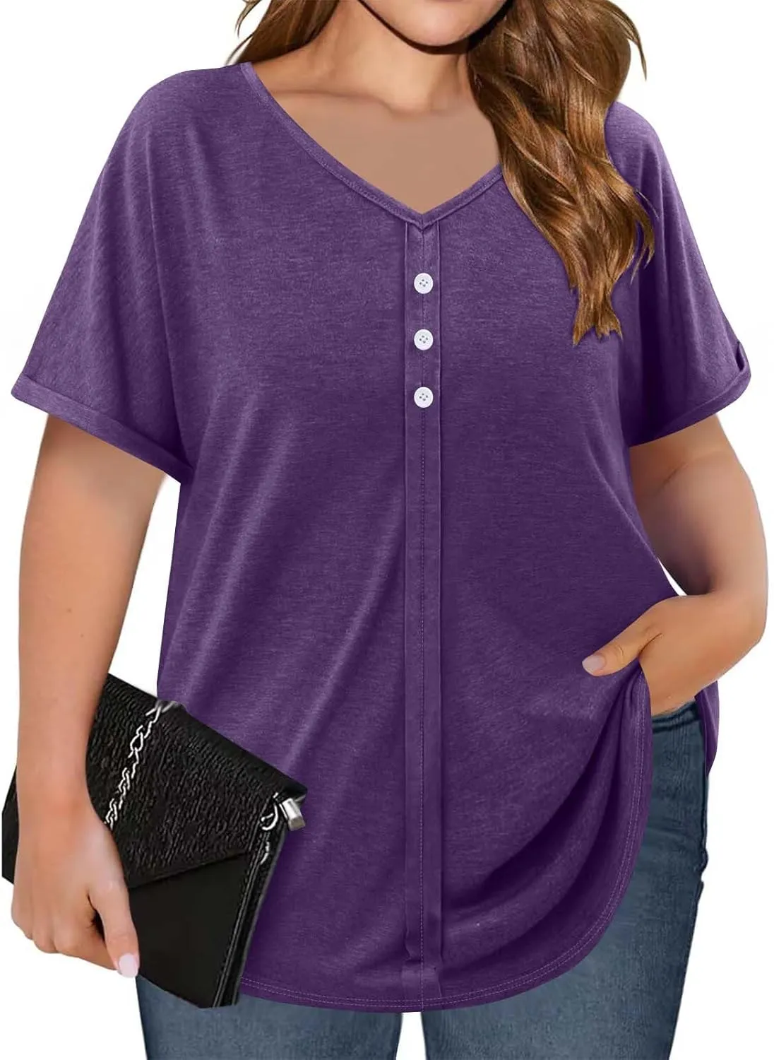 Plus Size Tops for Women Summer V Neck Short Sleeve Tee Shirts Henley Button Casual Loose Fit Blouse L-5XL