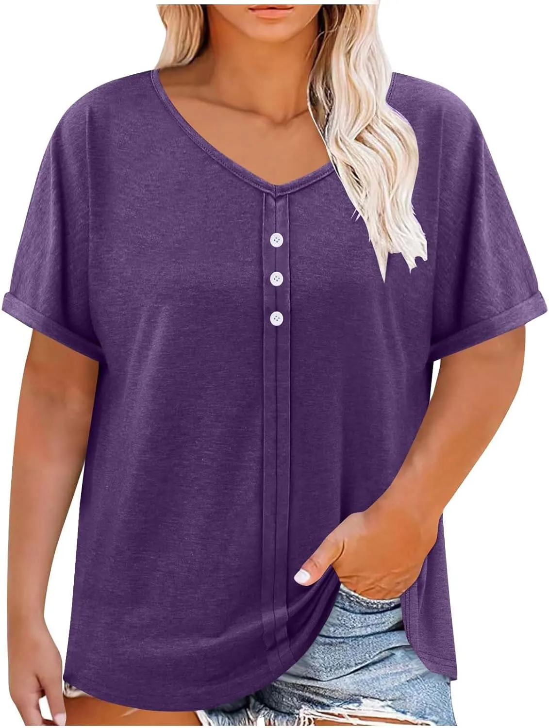 Plus Size Tops for Women Summer V Neck Short Sleeve Tee Shirts Henley Button Casual Loose Fit Blouse L-5XL