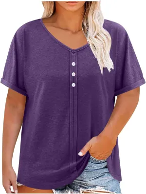 Plus Size Tops for Women Summer V Neck Short Sleeve Tee Shirts Henley Button Casual Loose Fit Blouse L-5XL