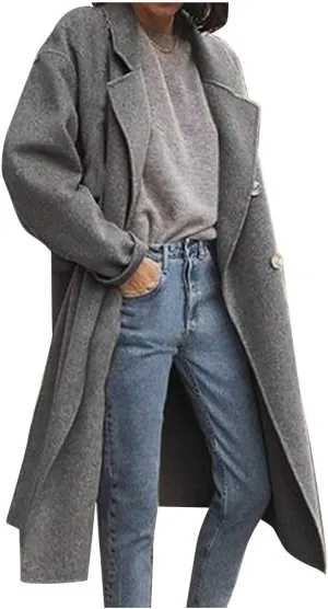 Plus Size Trench Coats for Women Fall Winter Business Casual Oversized Jackets Long Sleeve Lapel Collar Wool Coat