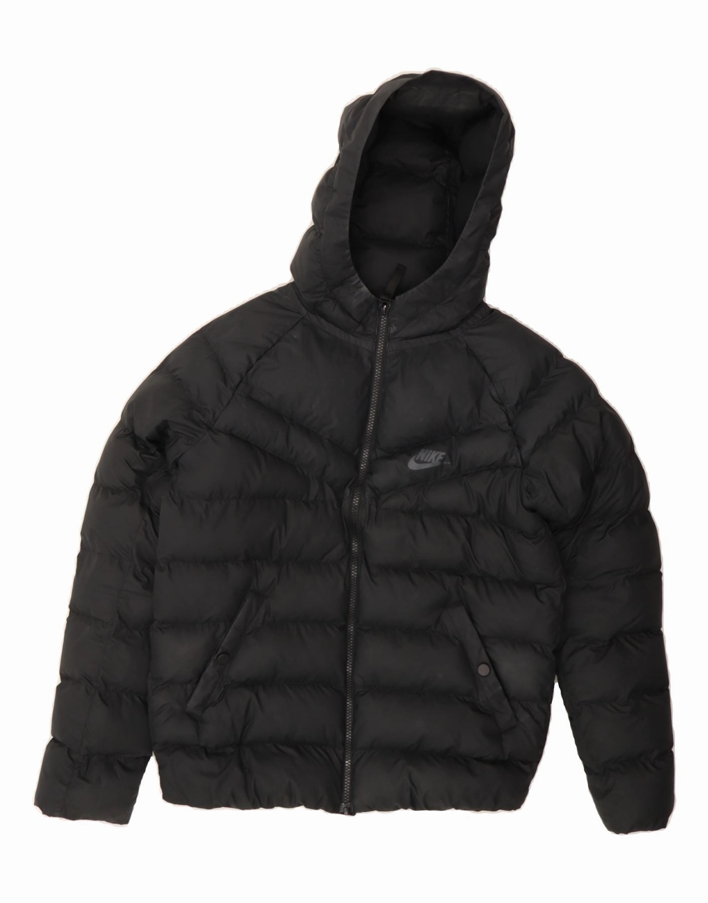 NIKE Boys Hooded Padded Jacket 12-13 Years Large Black Polyester Round-neck