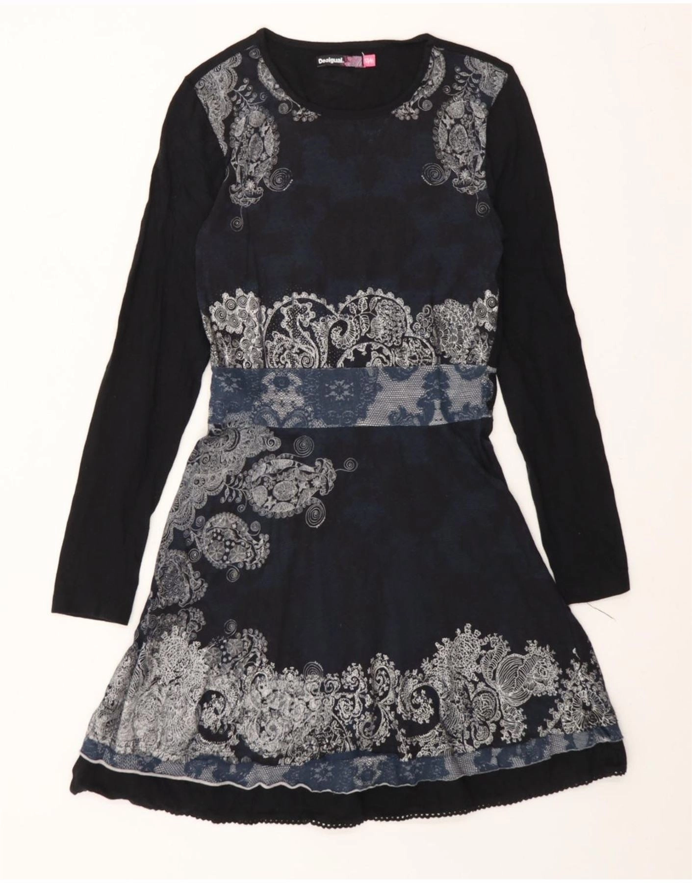 DESIGUAL Girls Long Sleeve A-Line Dress 13-14 Years Black Floral Soft Draping Comfortable Fashion