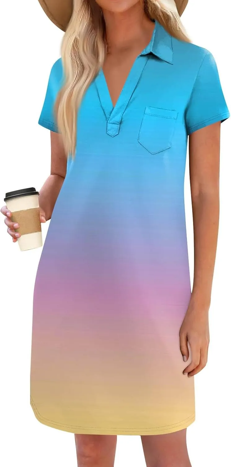 Polo Dresses for Women Short Sleeve V Neck Shift Dress Trendy Office Casual T Shirts Dresses with Pockets