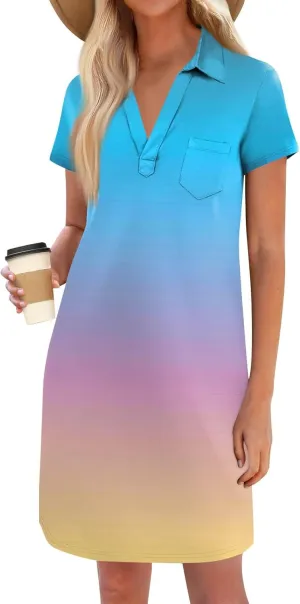 Polo Dresses for Women Short Sleeve V Neck Shift Dress Trendy Office Casual T Shirts Dresses with Pockets