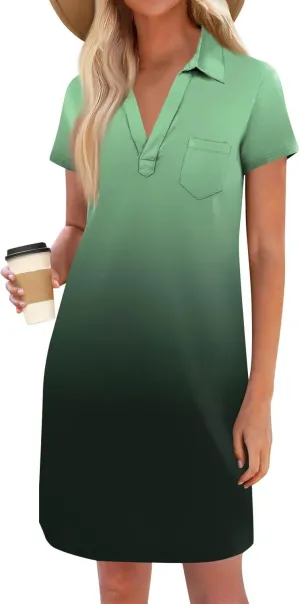 Polo Dresses for Women Short Sleeve V Neck Shift Dress Trendy Office Casual T Shirts Dresses with Pockets