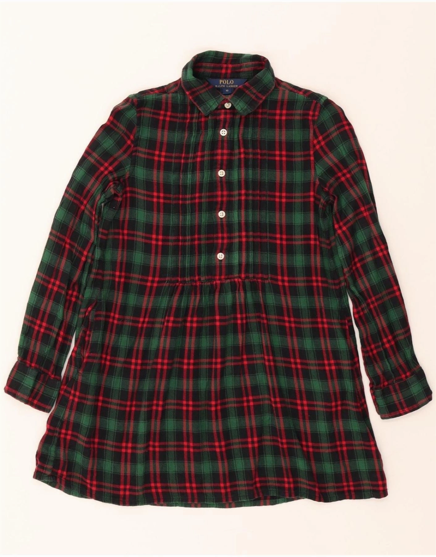 POLO RALPH LAUREN Girls Pullover Shirt Dress 9-10 Years Green Check Cotton Lightweight Feel