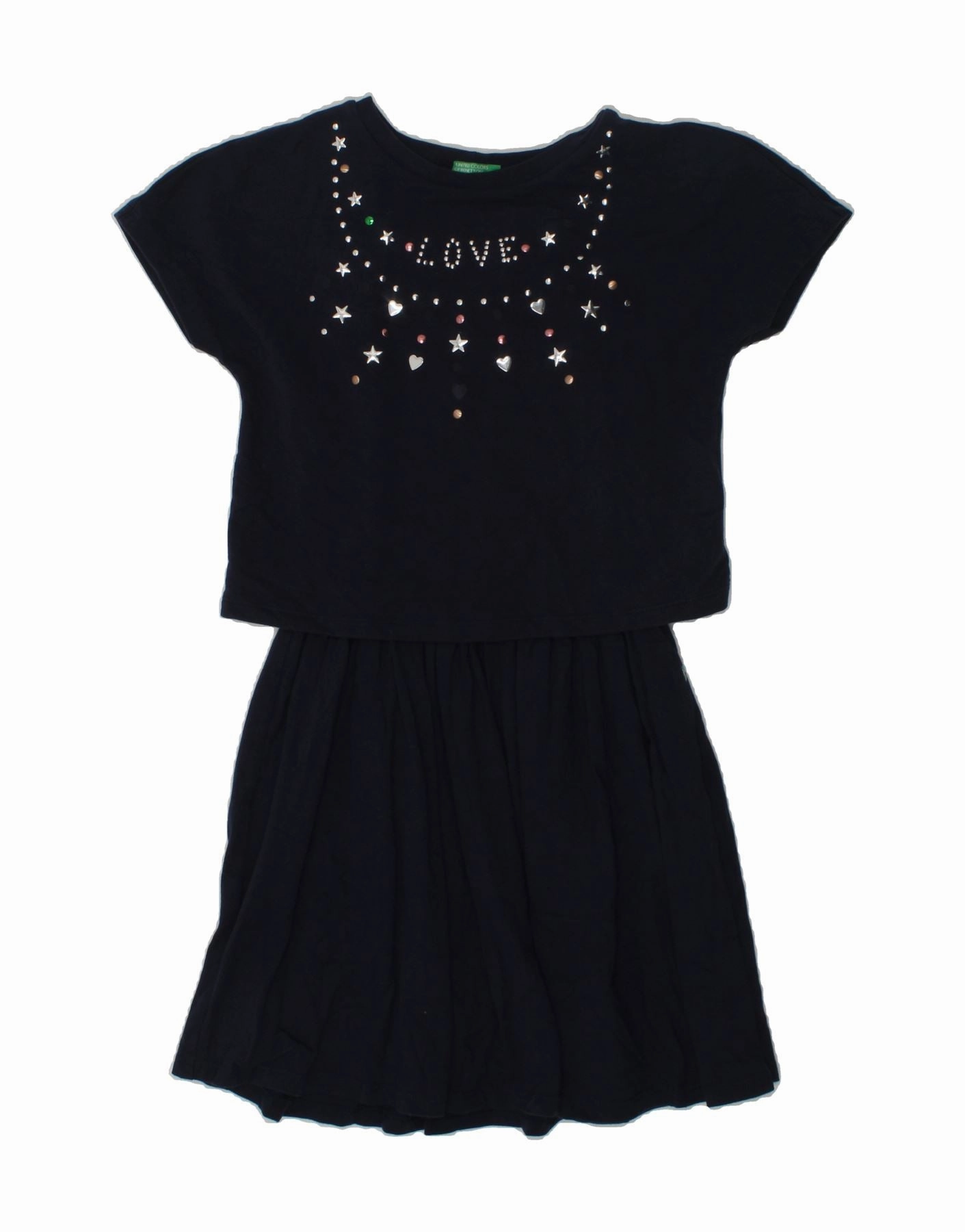 BENETTON Girls Graphic T-Shirt Dress 8-9 Years Large Navy Blue Cotton Vibrant Movement Everyday-Comfort