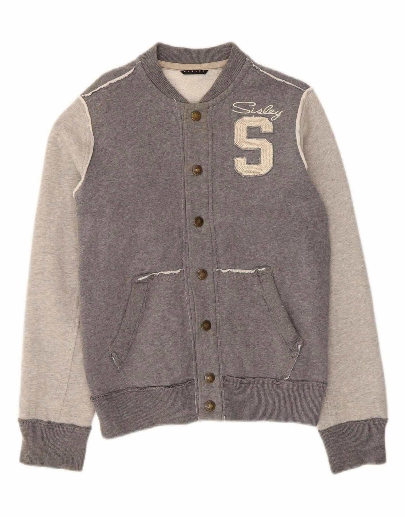 SISLEY Boys Graphic Varsity Jacket 13-14 Years 3XL Grey Colourblock Cotton Daily Use