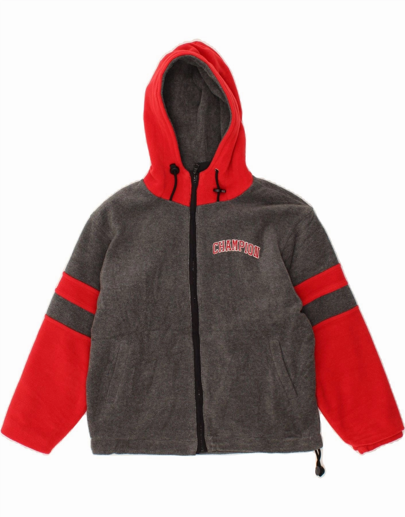 CHAMPION Boys Graphic Hooded Fleece Jacket 7-8 Years Grey Colourblock Mouthwash