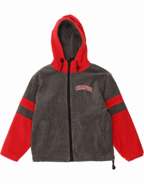 CHAMPION Boys Graphic Hooded Fleece Jacket 7-8 Years Grey Colourblock Mouthwash