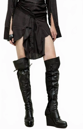 Wave Glow Pre-Loved Jedda Fabric Wedge Over Knee Leather Boot In Black