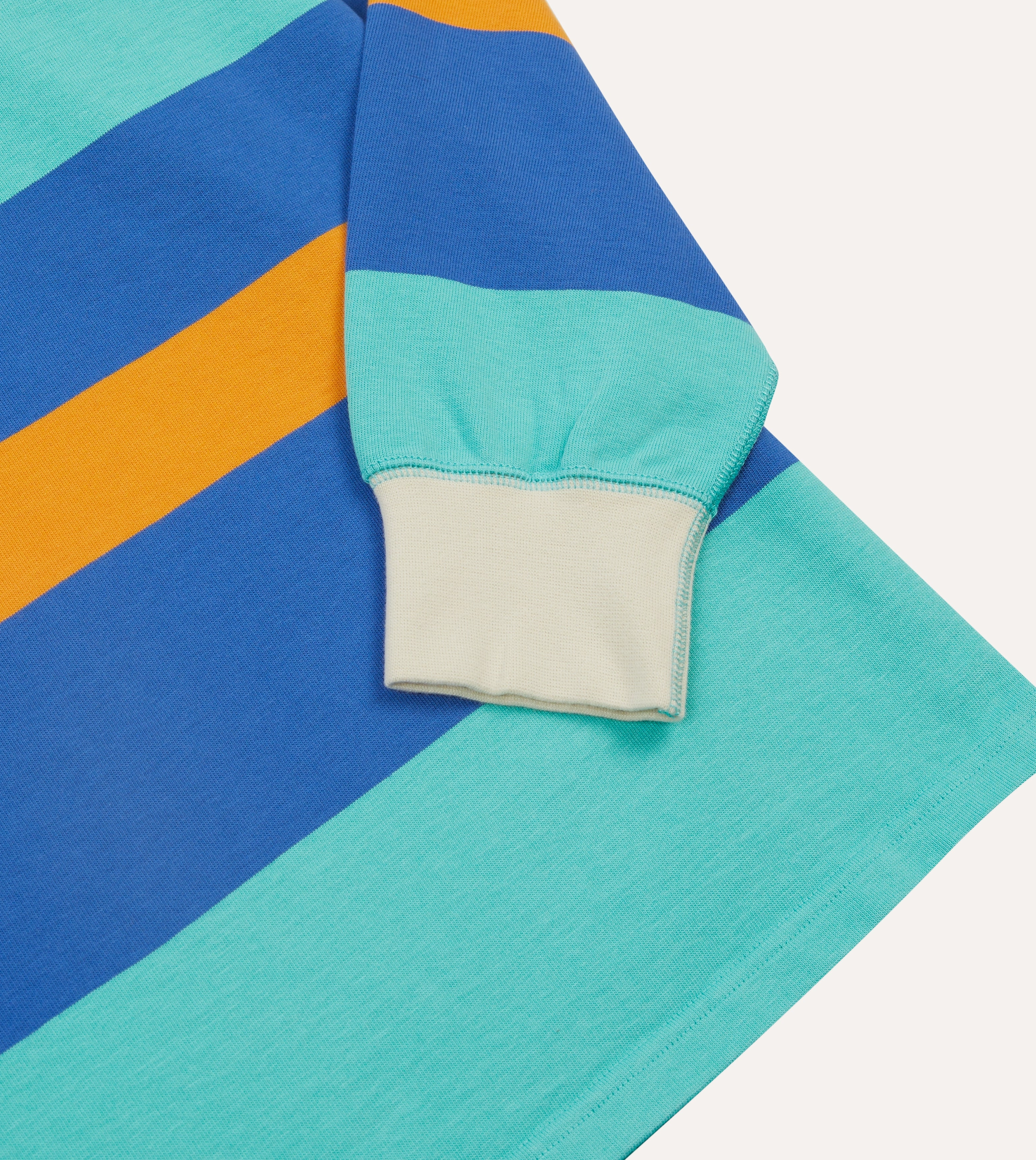 Non Restrictive Armhole Ventilated Back Turquoise, Yellow, Blue and Red Multi Stripe Cotton Rugby Shirt