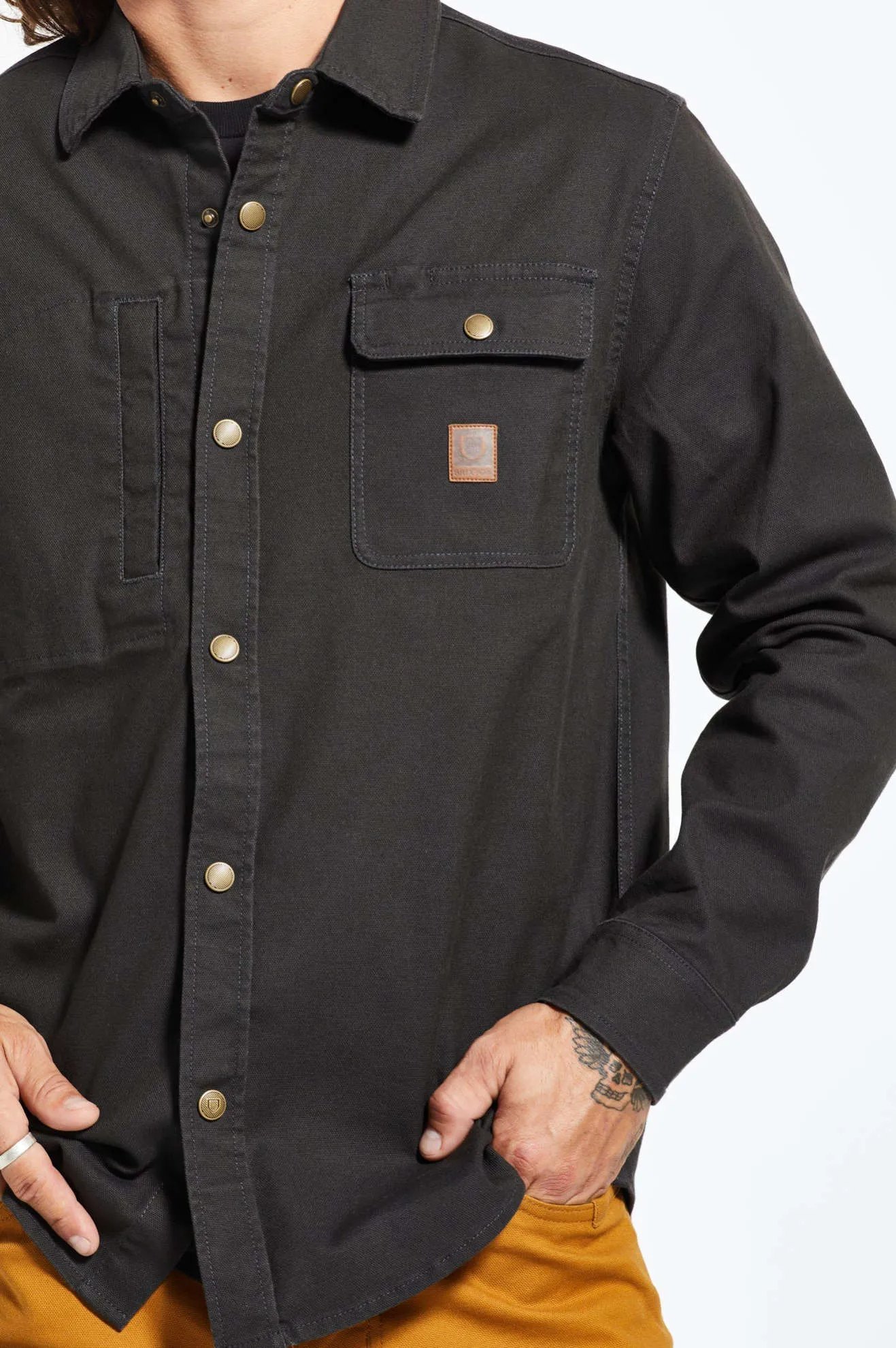 Glossy Texture Year-Round Wear Builders Stretch L/S Overshirt - Washed Black