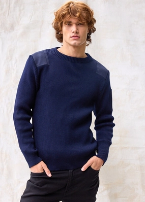CONDOR II - Breton Sweater with Canvas Shoulder and Elbow Patches for Men | 100% Wool (NAVY) Warm Winter Wear