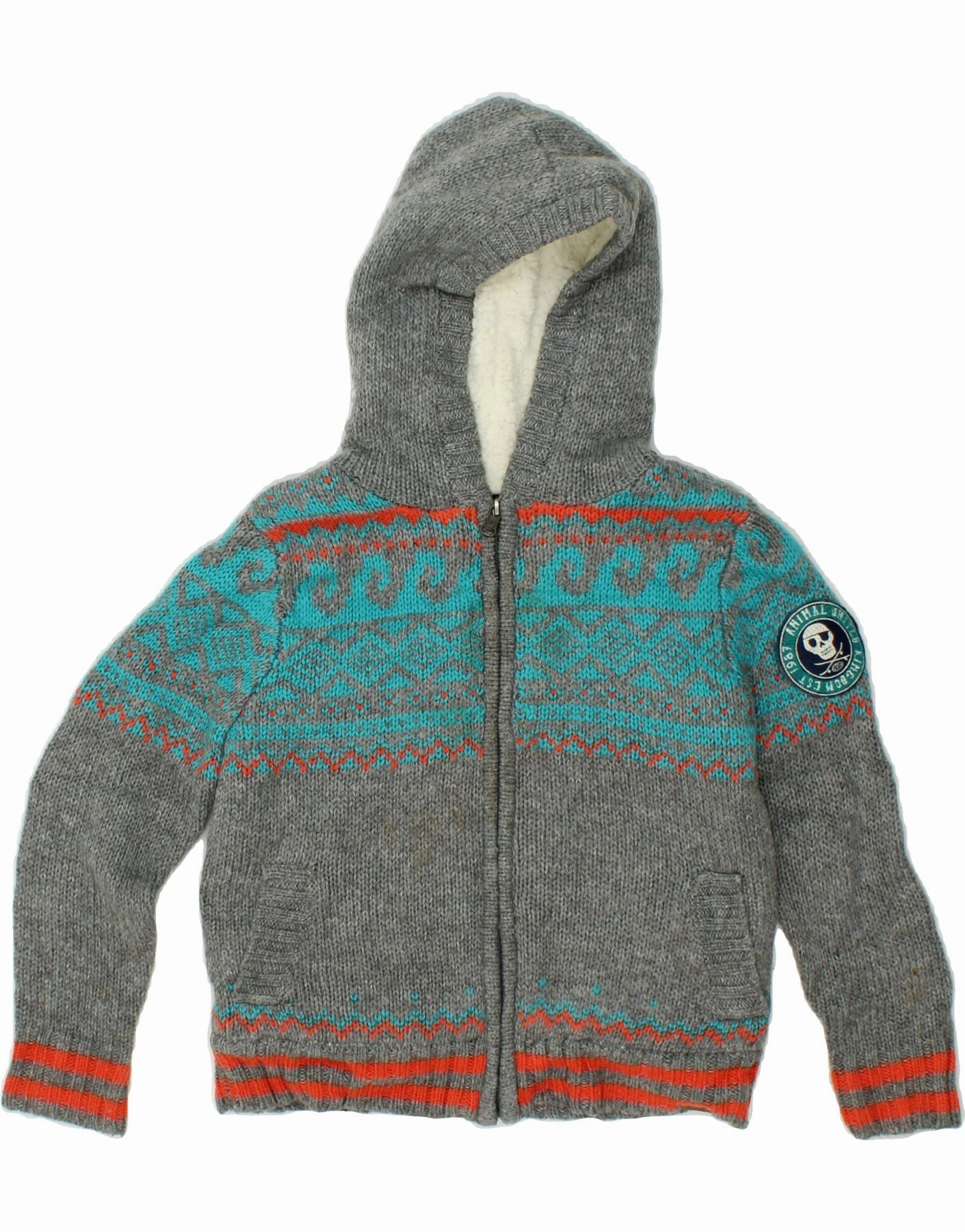 Cool Season ANIMAL Boys Hooded Knit Sherpa Jacket 4-5 Years XS Grey Fair Isle Acrylic