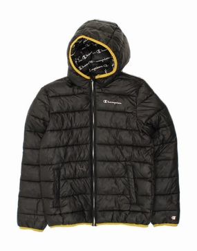 Flexible Quilted Panels Travel Ease CHAMPION Boys Hooded Padded Jacket 11-12 Years Large  Black Polyester