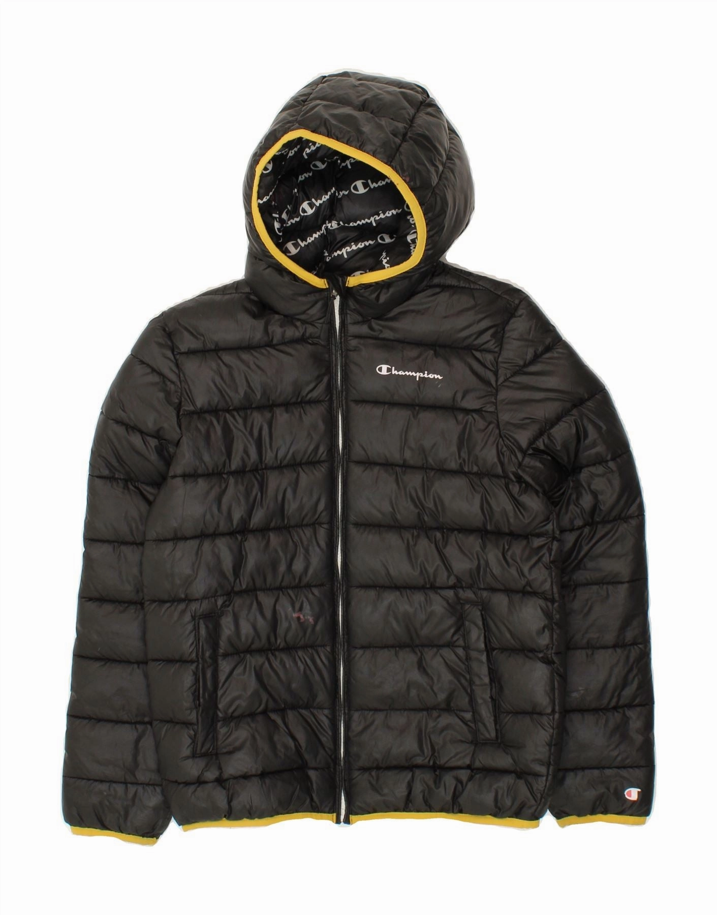 Flexible Quilted Panels Travel Ease CHAMPION Boys Hooded Padded Jacket 11-12 Years Large  Black Polyester