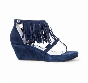 Suede Leather Fringe Wedge Sandals In Blue Studio Step