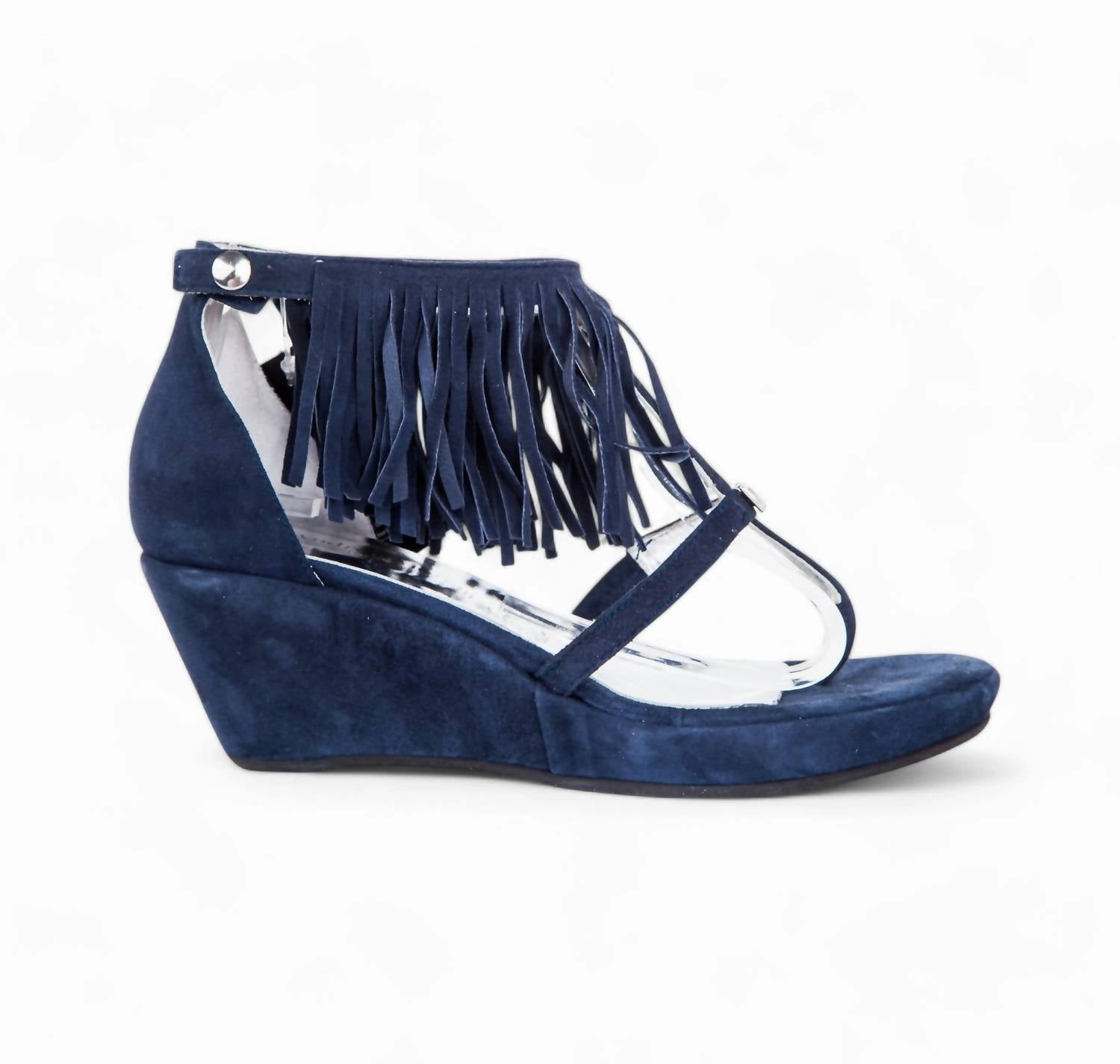 Suede Leather Fringe Wedge Sandals In Blue Studio Step