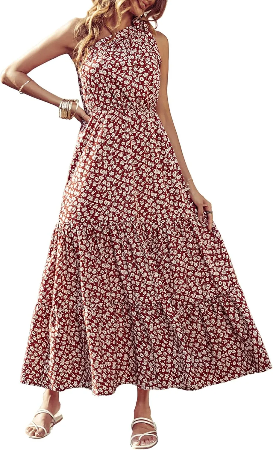 PRETTYGARDEN Women's Summer Floral One Shoulder Maxi Dress Knot Ruffle Boho Beach Vacation Wedding Guest Long Dresses