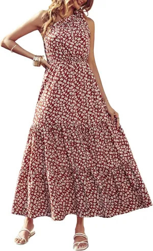 PRETTYGARDEN Women's Summer Floral One Shoulder Maxi Dress Knot Ruffle Boho Beach Vacation Wedding Guest Long Dresses