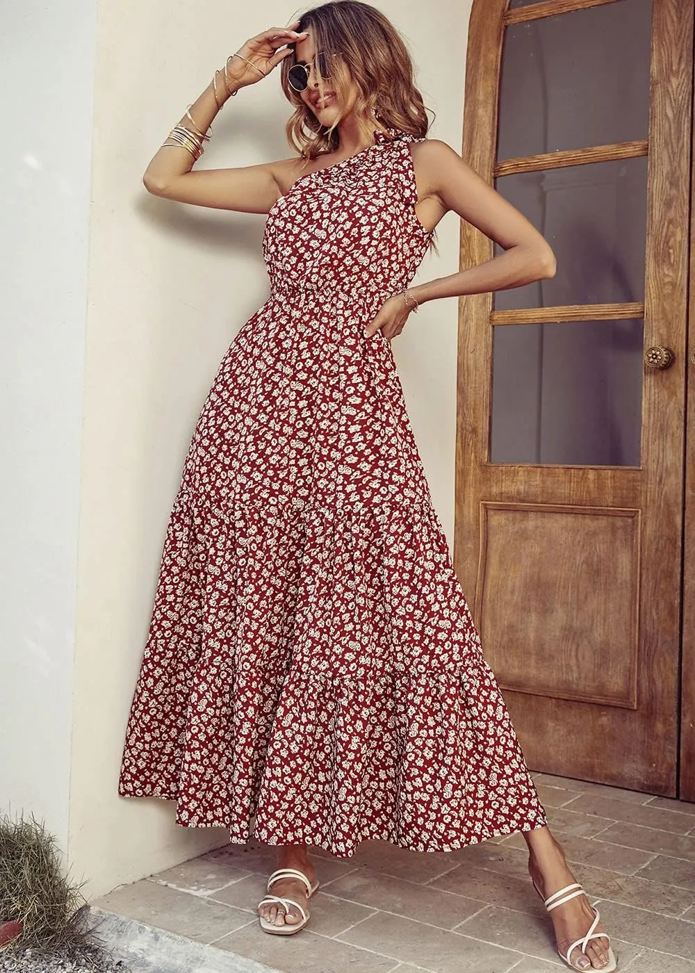 PRETTYGARDEN Women's Summer Floral One Shoulder Maxi Dress Knot Ruffle Boho Beach Vacation Wedding Guest Long Dresses