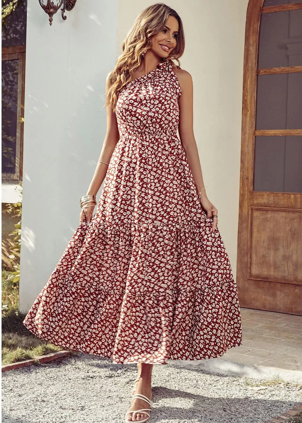 PRETTYGARDEN Women's Summer Floral One Shoulder Maxi Dress Knot Ruffle Boho Beach Vacation Wedding Guest Long Dresses