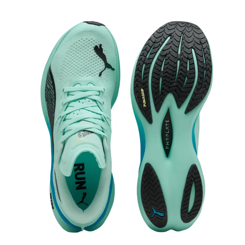 running in a floating bridge area shoes educational - event running shoes PUMA Men's Deviate NITRO 3 Running Shoes in Mint Melt/Speed Blue AW25