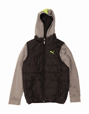 PUMA Boys Graphic Hooded Padded Jacket 14-15 Years Large Black Colourblock suitable for weekend getaways