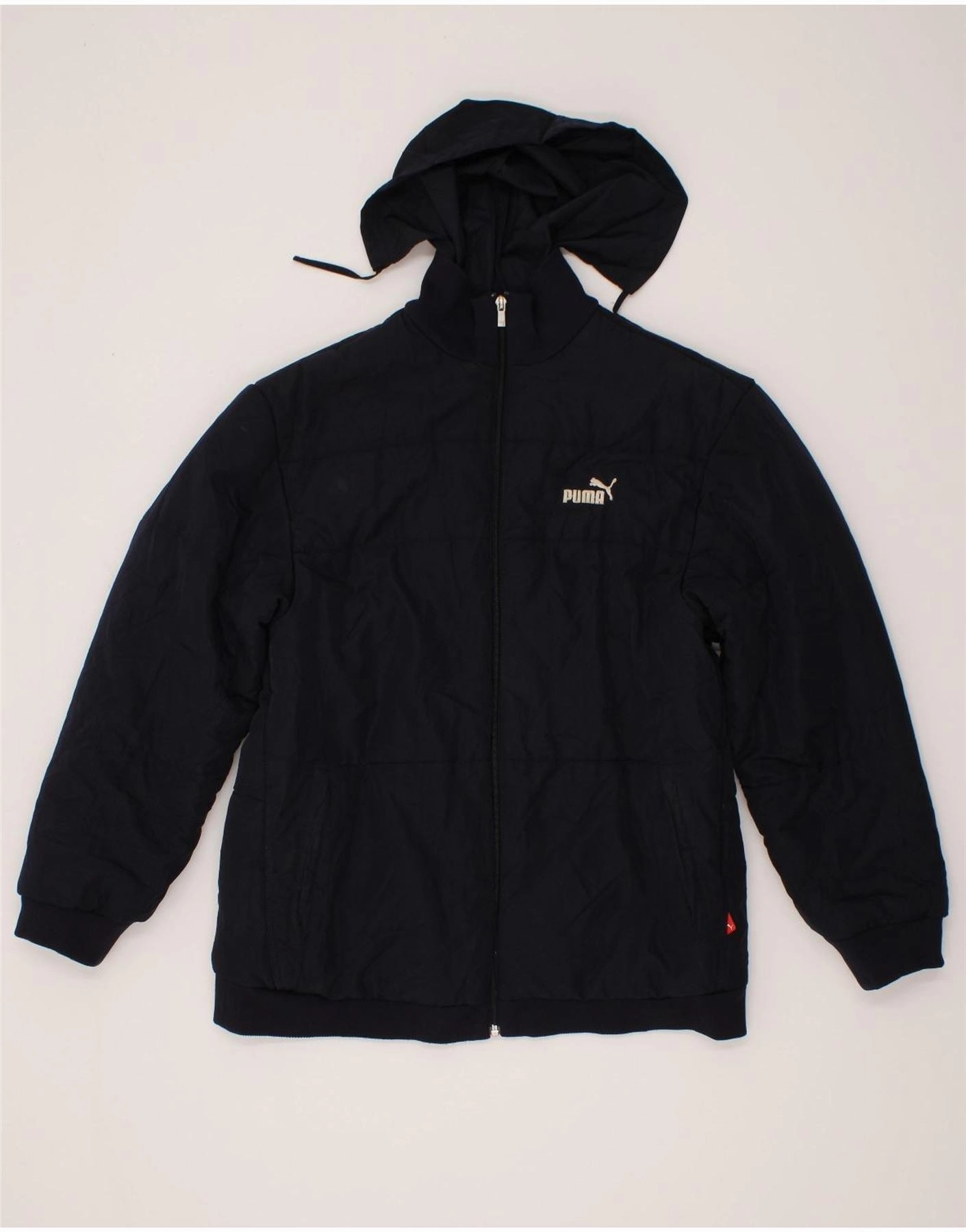 PUMA Boys Hooded Padded Jacket 15-16 Years 2XL Navy Blue Compression Stitching Checked
