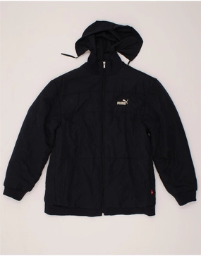 PUMA Boys Hooded Padded Jacket 15-16 Years 2XL Navy Blue Compression Stitching Checked