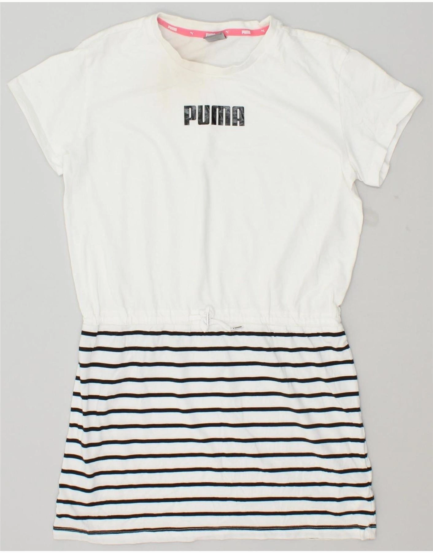 Sheer Panel Stylish Vibe PUMA Girls T-Shirt Dress 13-14 Years White Striped Cotton