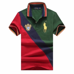 Outdoor Smart SoftenedNeckline Men's R L  Big Pony Classic-Fit  Crested Badge Vertical Stripe Polo . GREEN/BLUE/RED