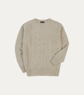 Neat Look Yarn Dyed Putty Brushed Cable Knit Shetland Crew Neck Jumper