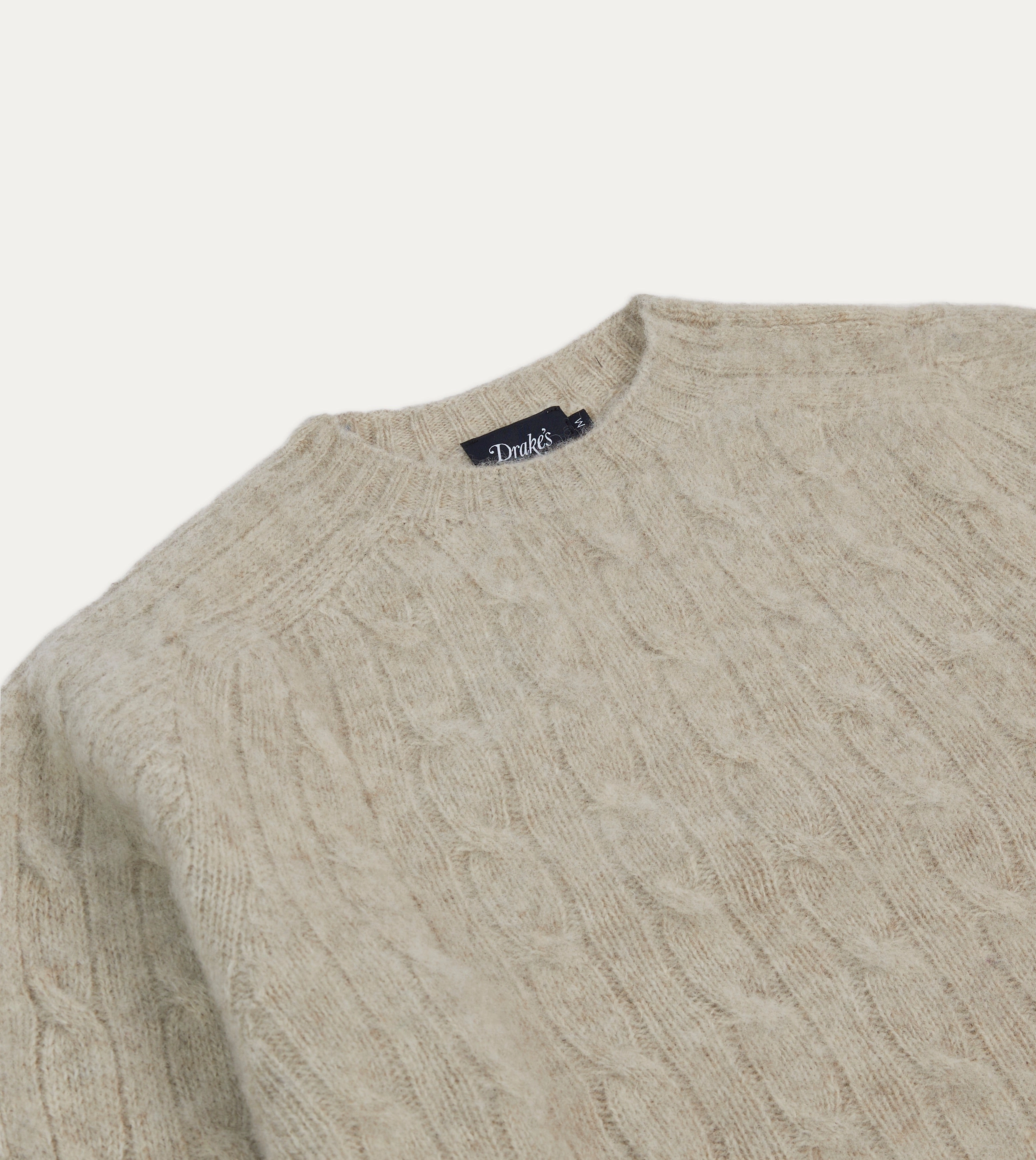 Bonded Seam Reinforcement Colorfast Technology Putty Brushed Cable Knit Shetland Crew Neck Jumper