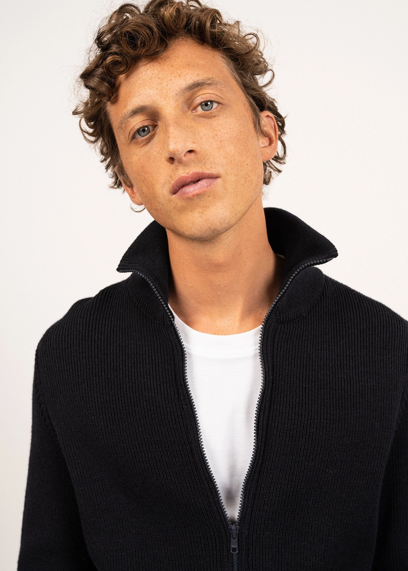 QUIBERON - High Collar Knit Jacket (NAVY) Seasonal Comfort Soft Knit Wear