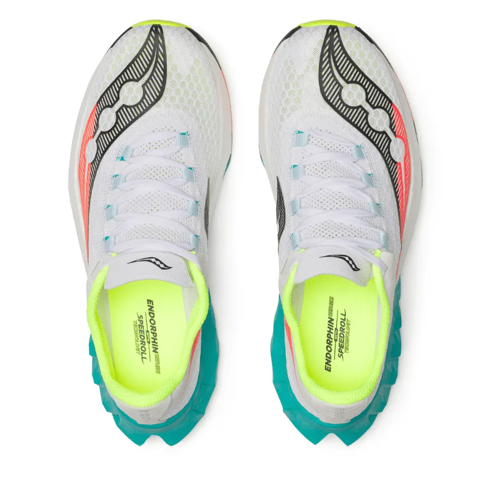 Saucony Men's Endorphin Pro 4 Running Shoes in White/Mutant AW25 dynamic - movement