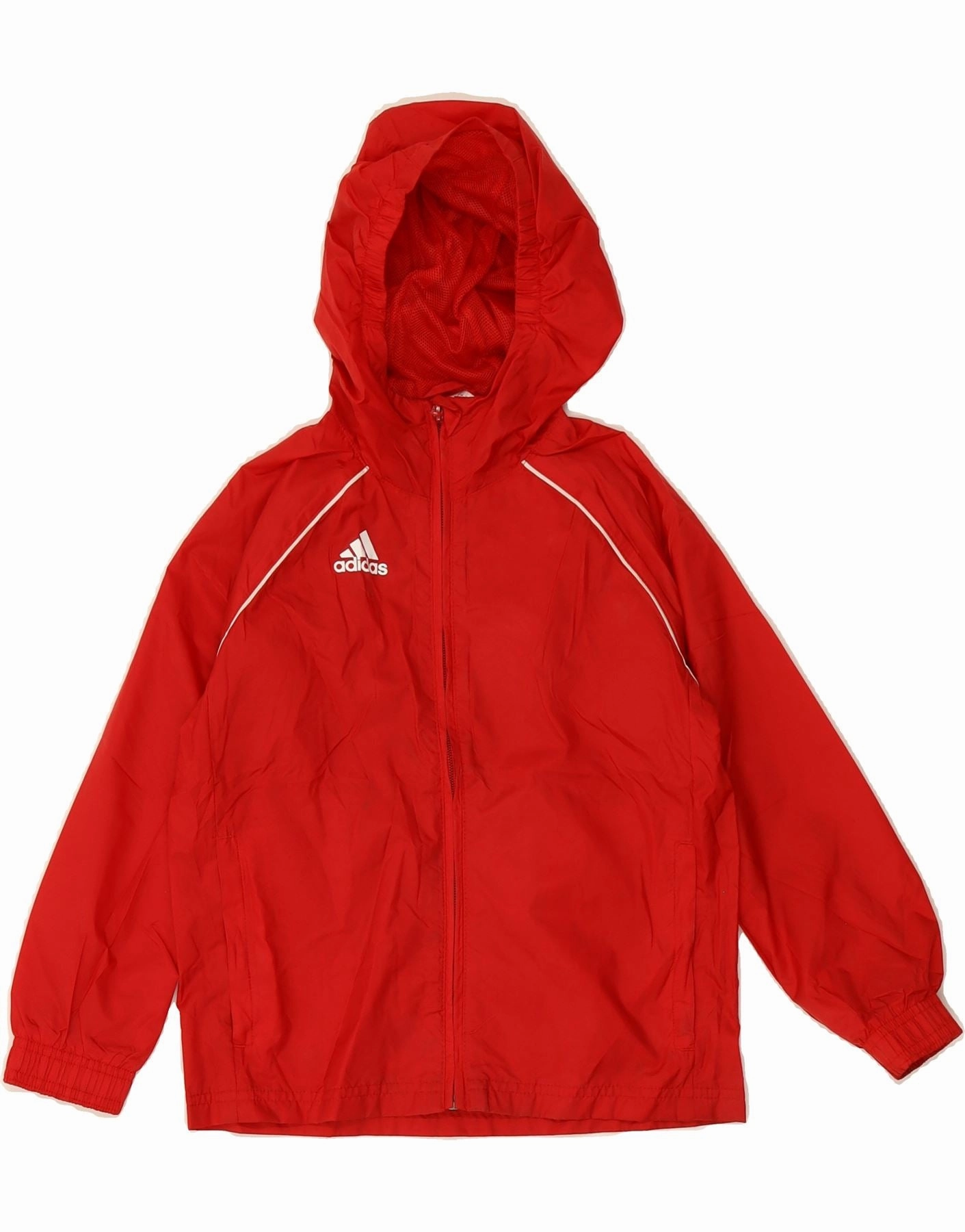 ADIDAS Boys Hooded Rain Jacket 5-6 Years Red Nylon Chain Fitness