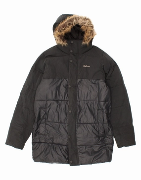 BARBOUR Boys Hooded Padded Coat 12-13 Years XL Black Polyester PreShrunk Cotton Blend