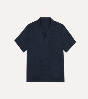 Seamless Side Panels Must-Have Item Indigo Linen Short Sleeve Safari Shirt
