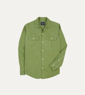 Green Brushed Cotton Twill Camp Collar Long Sleeve Shirt Monochrome Palette Country Charm