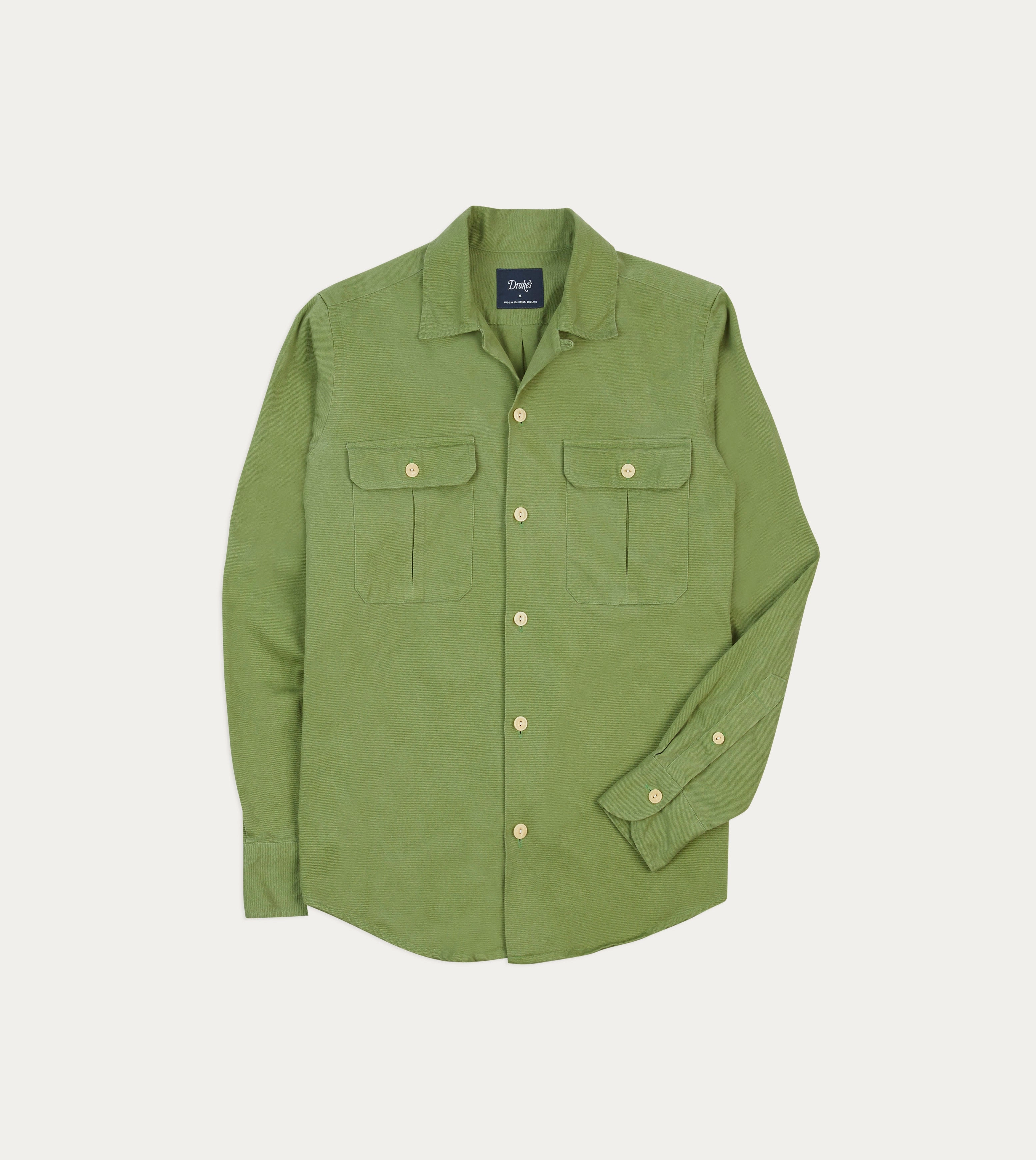 Green Brushed Cotton Twill Camp Collar Long Sleeve Shirt Monochrome Palette Country Charm
