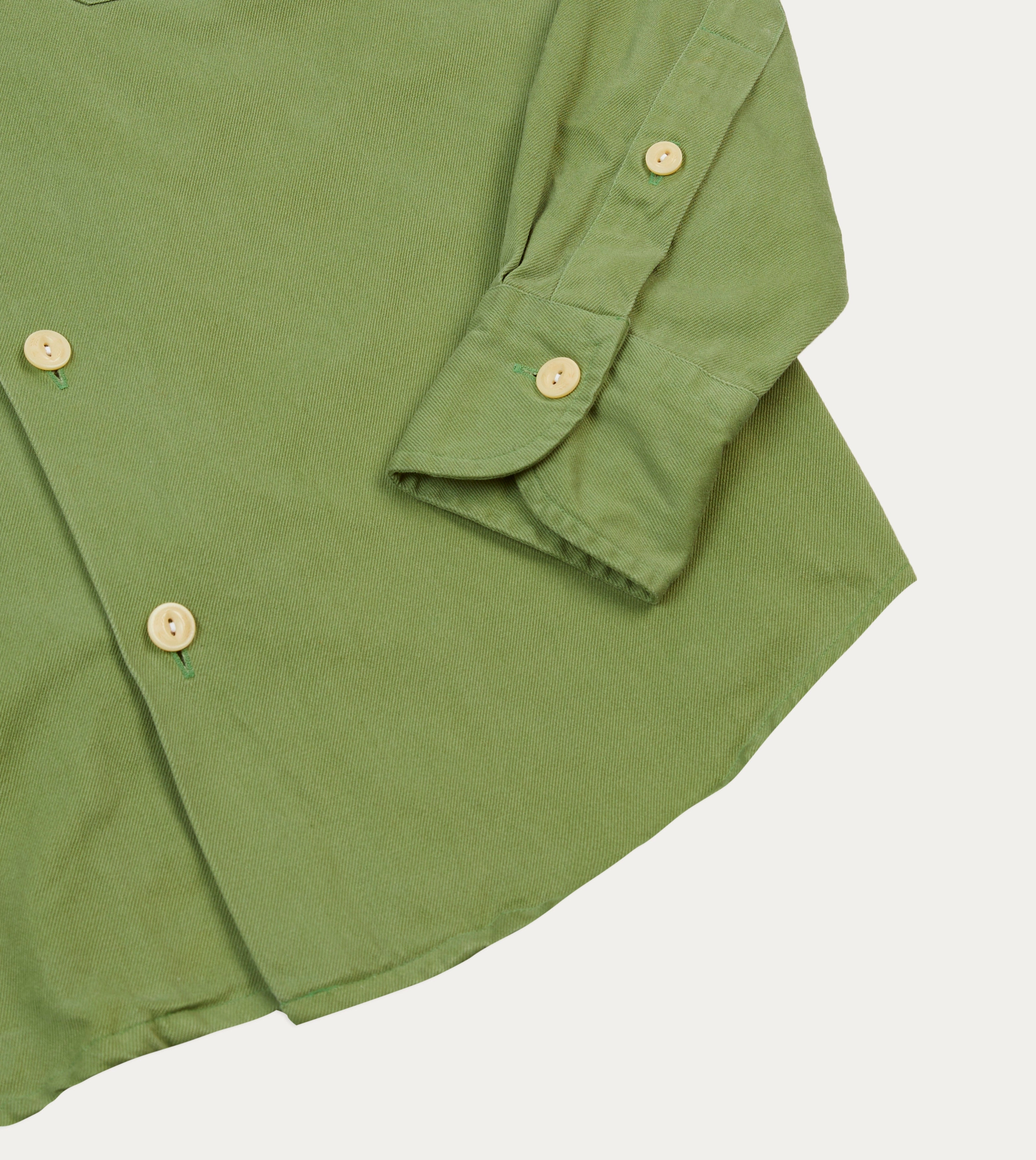 Green Brushed Cotton Twill Camp Collar Long Sleeve Shirt crew neck