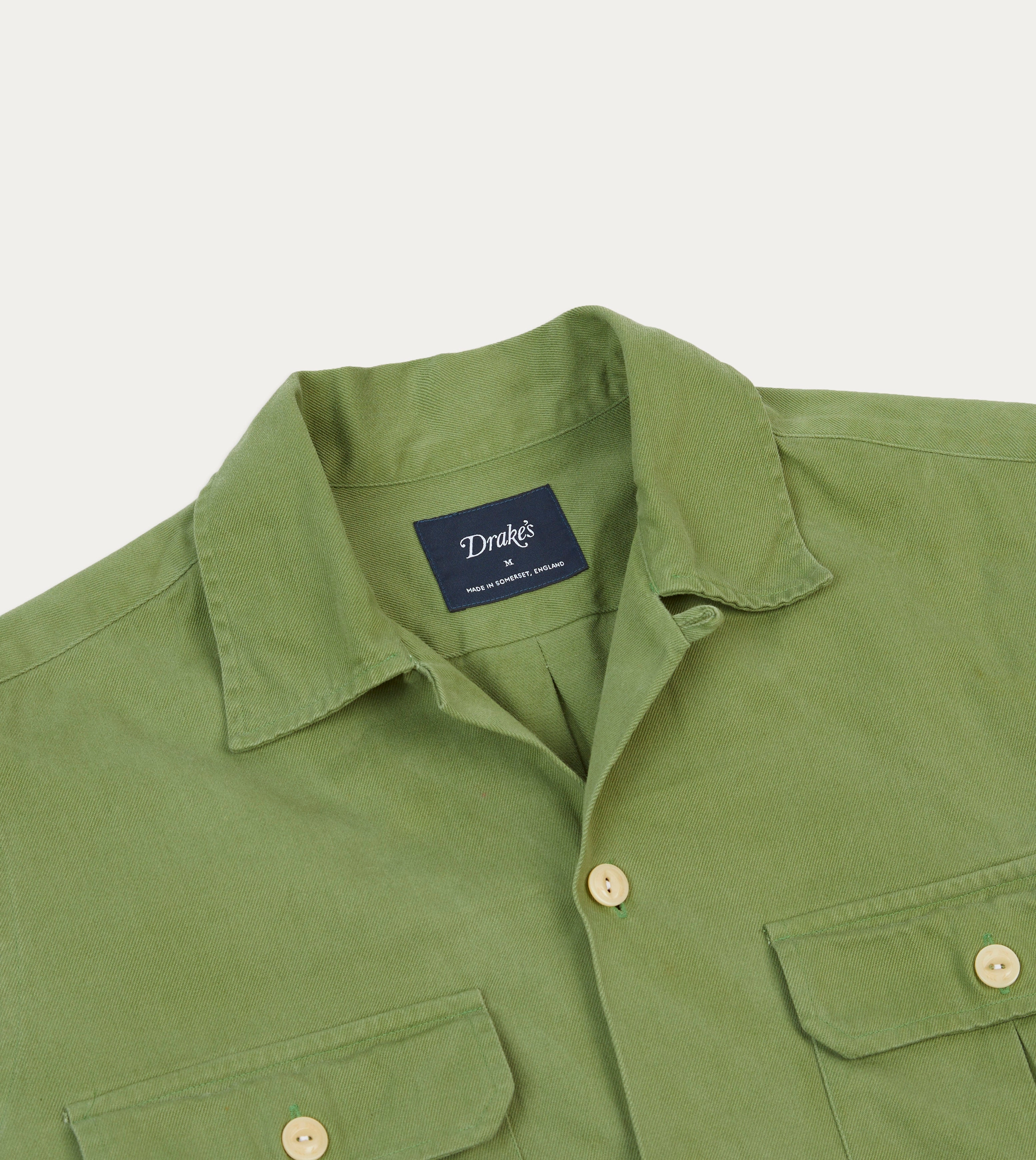 Non Static Finish Green Brushed Cotton Twill Camp Collar Long Sleeve Shirt