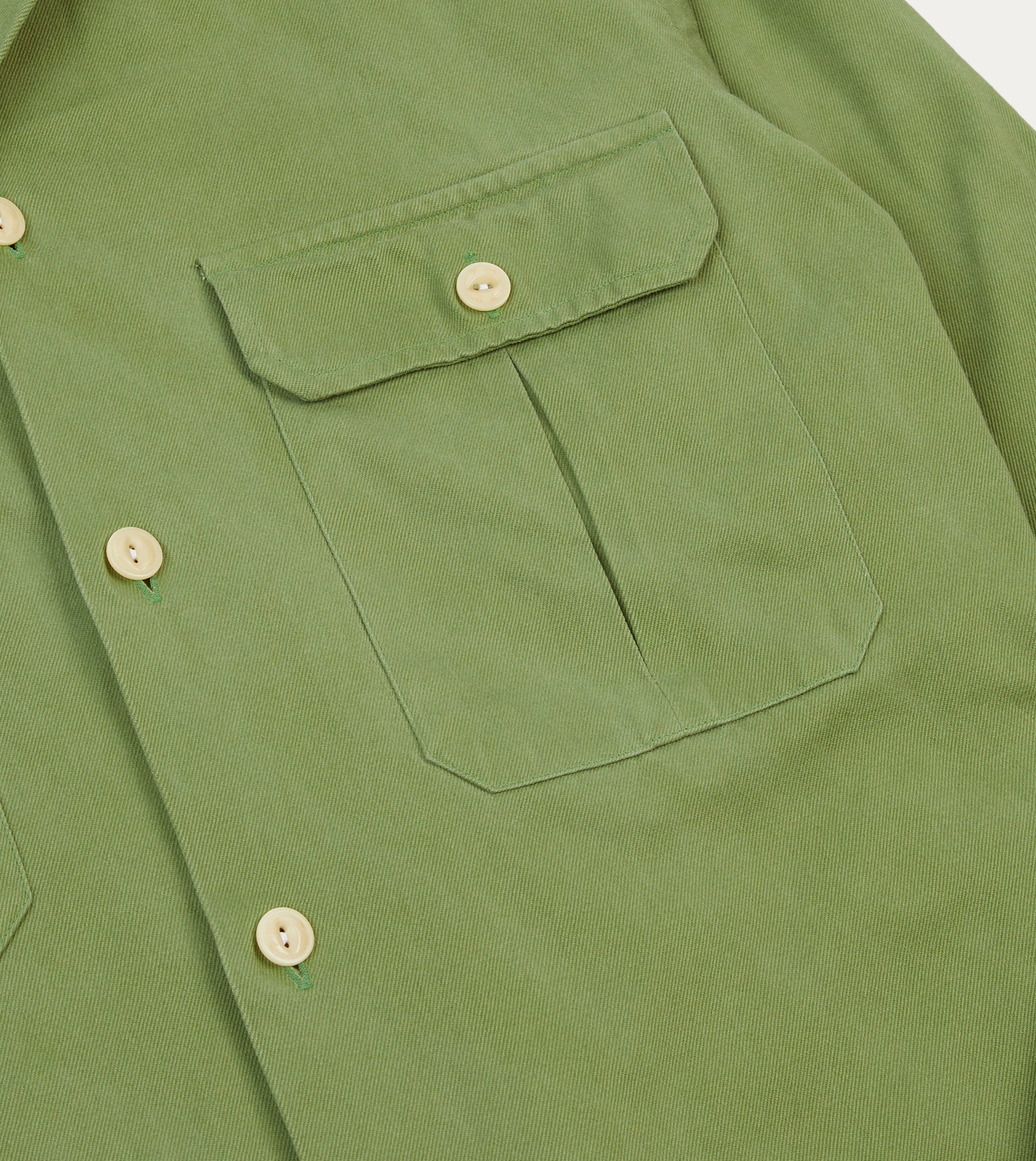 Green Brushed Cotton Twill Camp Collar Long Sleeve Shirt Designer Look Seasonal Wardrobe