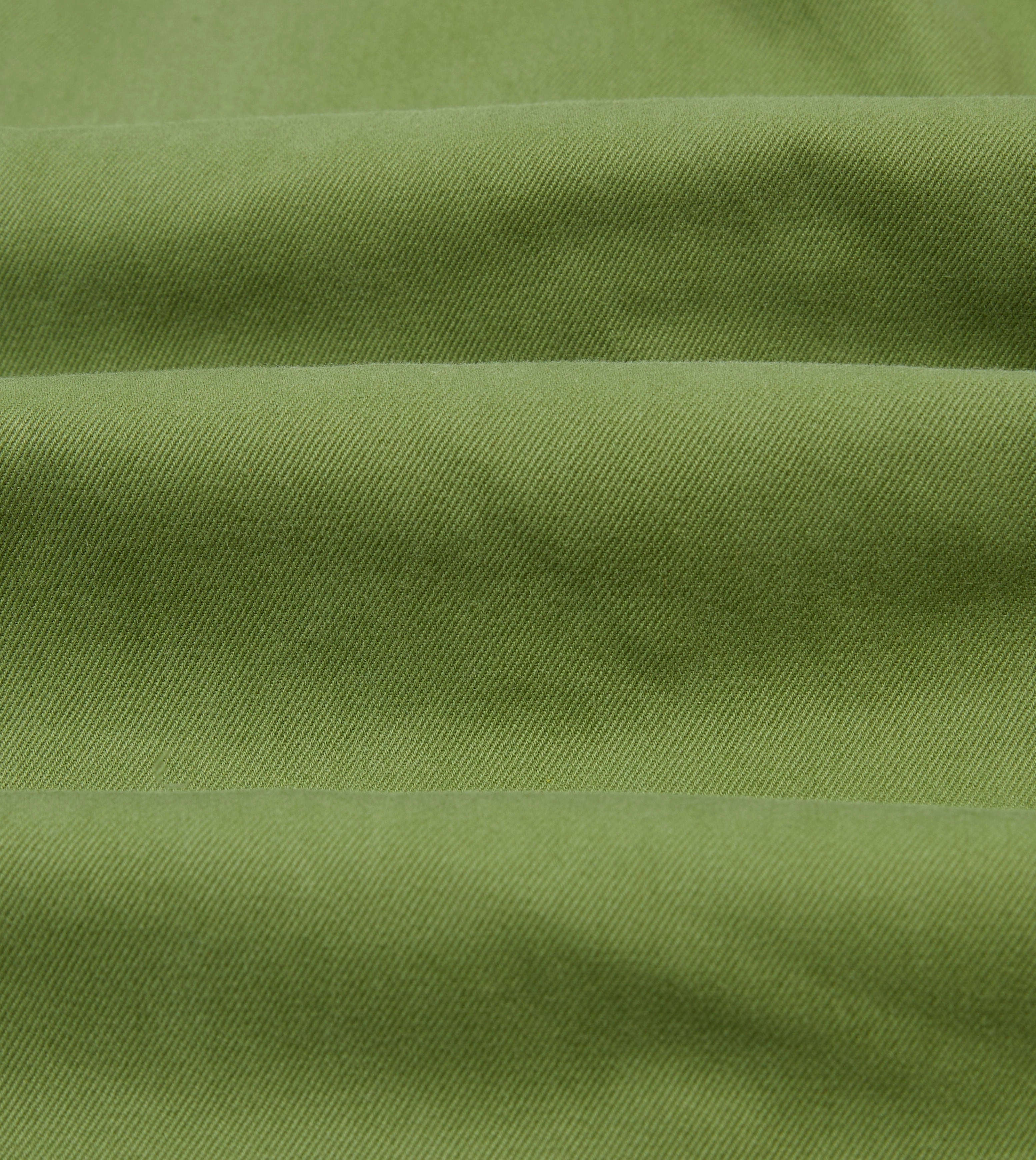 Green Brushed Cotton Twill Camp Collar Long Sleeve Shirt Seamless Sides Soft Touch Fabric